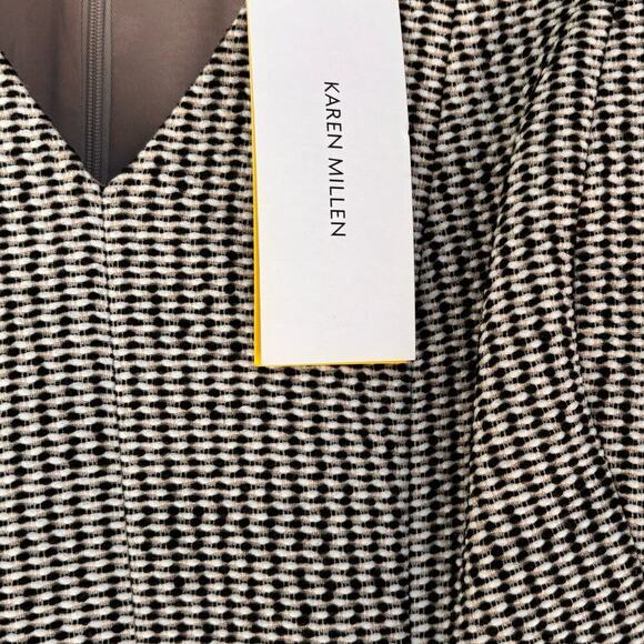 NWT Karen Millen Tailored Tweed Dress US Size 10 Black White Full Skirt V-Neck - Picture 6 of 9